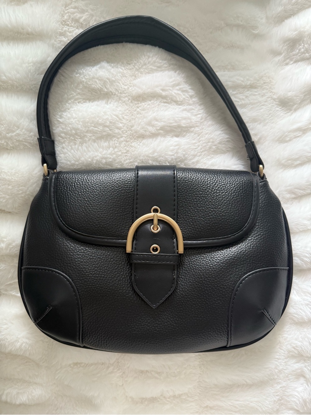 Black Shoulder Bag with Gold Buckle